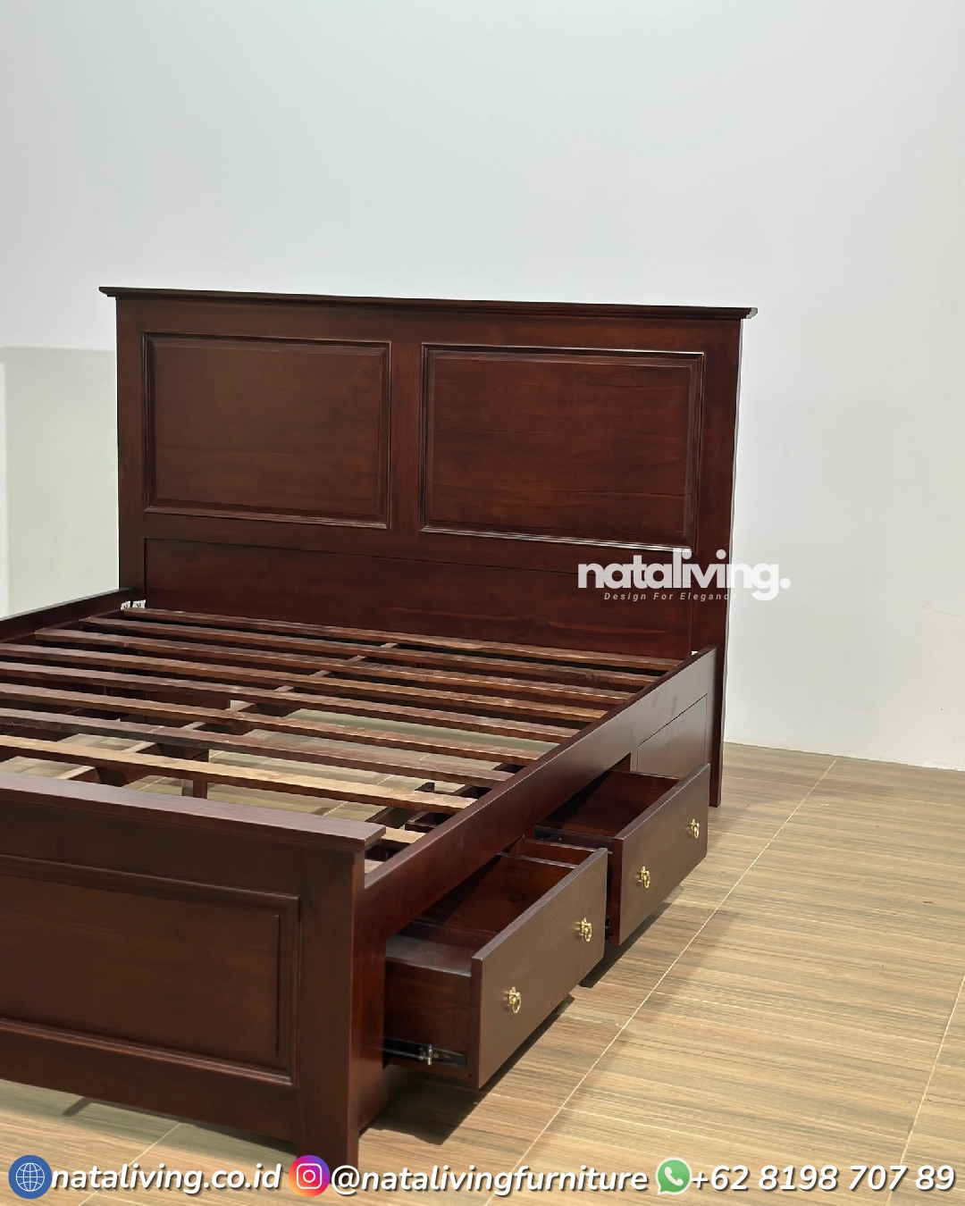 Nirwana Dipan Jati – Tempat Tidur Jati Minimalis Laci Cokelat Tua Dipan Panel Jepara 160x200 - Image 5