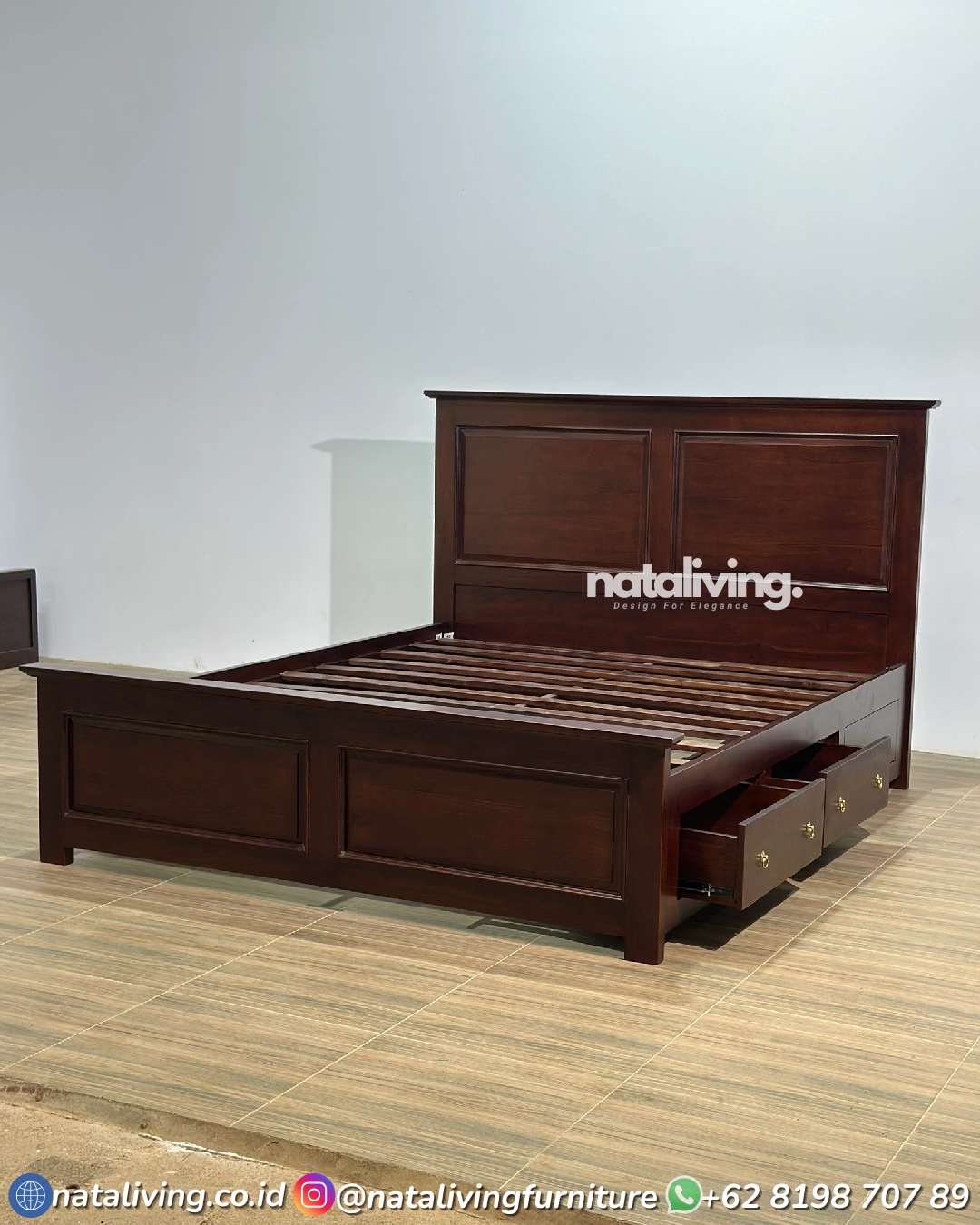Nirwana Dipan Jati – Tempat Tidur Jati Minimalis Laci Cokelat Tua Dipan Panel Jepara 160x200 - Image 2