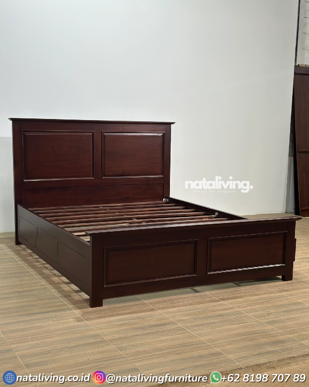 Nirwana Dipan Jati – Tempat Tidur Jati Minimalis Laci Cokelat Tua Dipan Panel Jepara 160x200 - Image 4